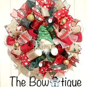 Handmade 13 inch Christmas Gnome Ribbon Wreath MW1